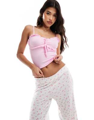 Boux Avenue - Pyjama aus geripptem rosa Trägertop mit Kräuselsaum und Hose mit Kirschmuster
