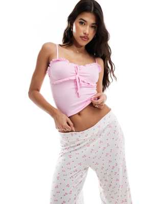 Boux Avenue - Pyjama aus geripptem rosa Trägertop mit Kräuselsaum und Hose mit Kirschmuster