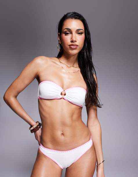 Boux Avenue - Rhodes - Top bikini a fascia bianco con cuciture a sopraggitto rosa - view 1
