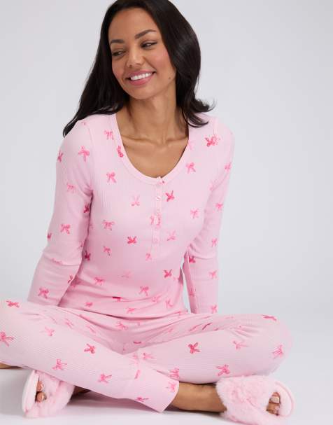 Boux Avenue Ribbed bow henley top and leggings pyjama set in pink mix - view 1