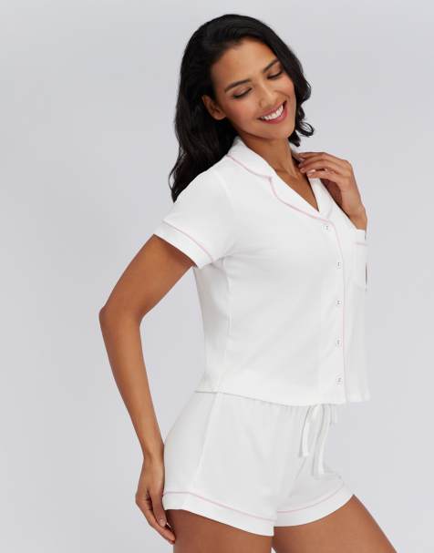 Boux Avenue Ribbed bridal modal pyjama shorts soft sleepwear in white mix - view 1