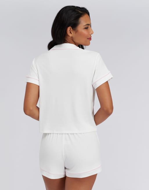 Boux Avenue Ribbed bridal modal pyjama shorts soft sleepwear in white mix, 3 of 4