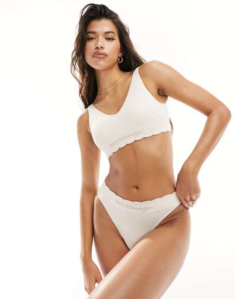 Boux Avenue ribbed lounge scallop thong in cream - view 1