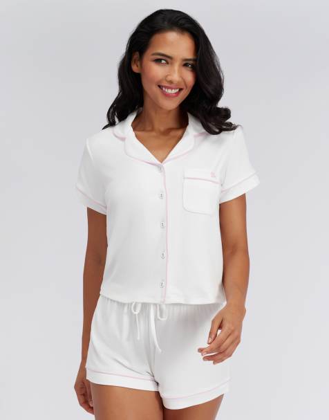 Boux Avenue Ribbed modal short sleeved pyjama top soft revere sleepwear in white mix - view 1