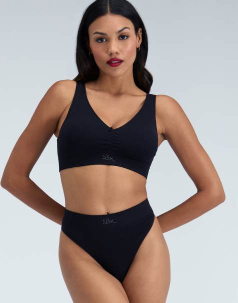 Boux Avenue Ribbed seamless thongs soft flattering high leg knickers in black - view 1