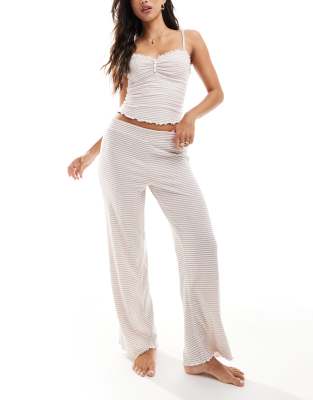 ribbed stripe print cami pajama top and pants set in oatmeal-Neutral