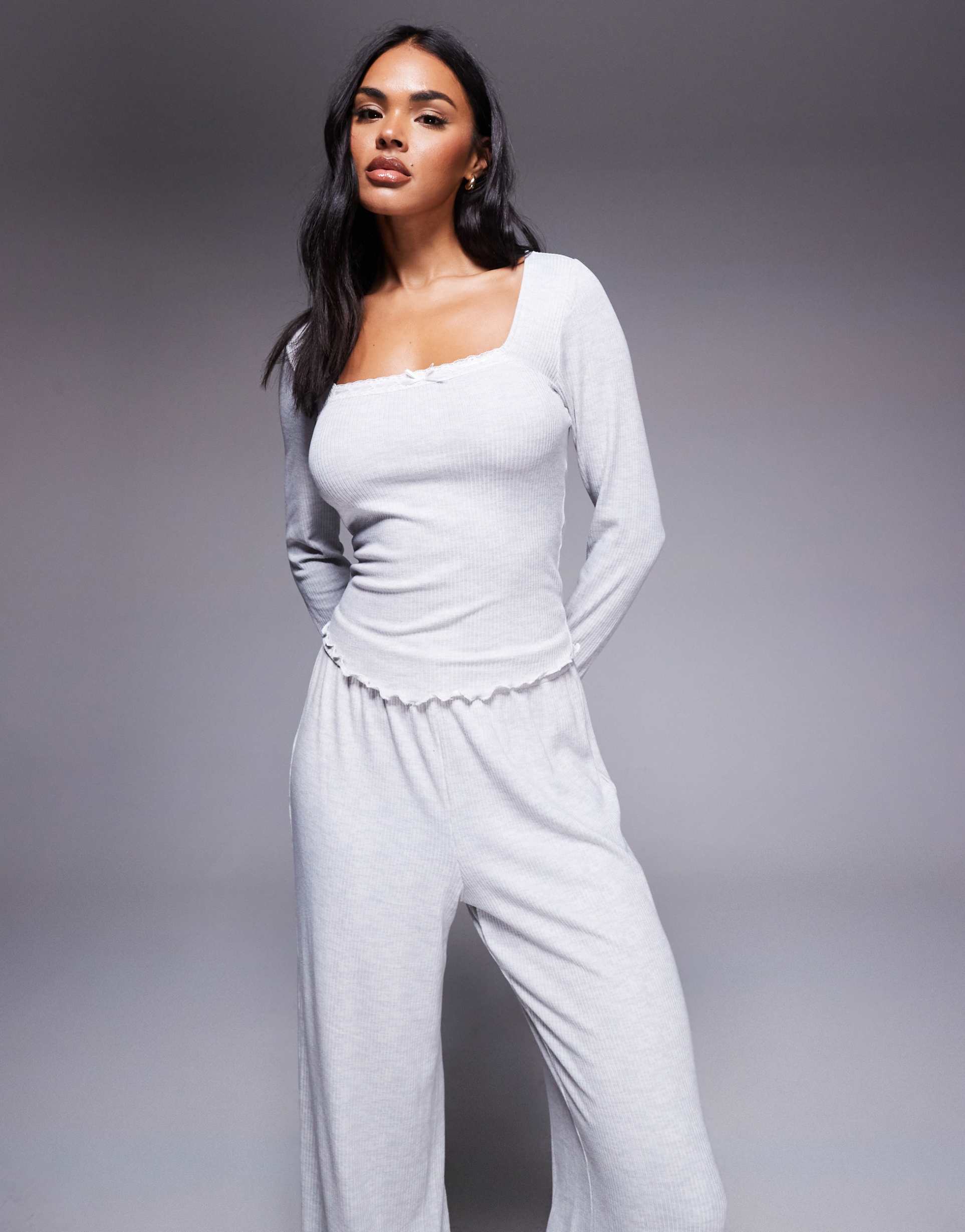 boux avenue ribbon lace ribbed top and pants set in gray heather