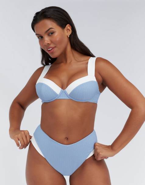 Boux Avenue Rivoli high waisted bikini bottoms summer ribbed swimwear in blue mix - view 1