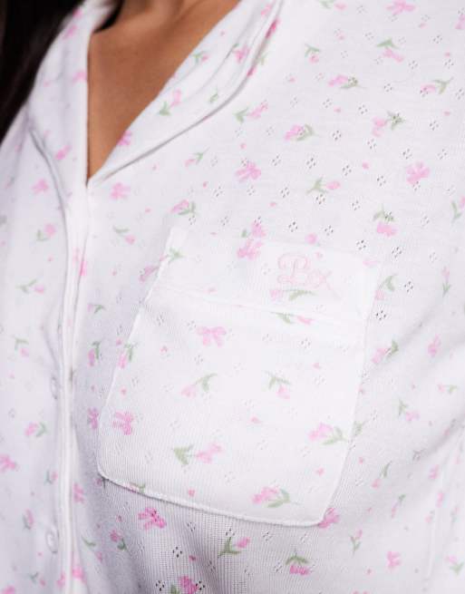 Boux Avenue rosebud pointelle jersey revere shirt and short pyjama set in ivory, 4 of 4