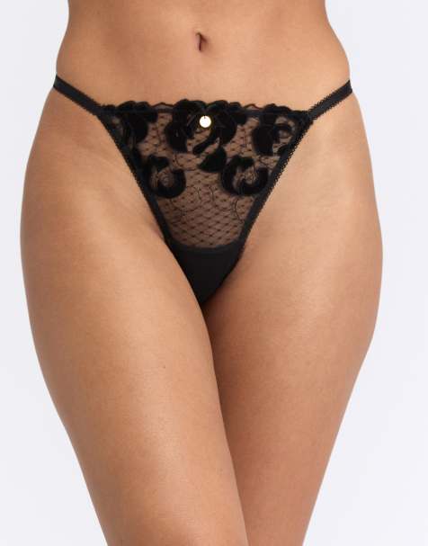 Boux Avenue Rosetta embroidered thong satin bow detailing lingerie in black - view 1