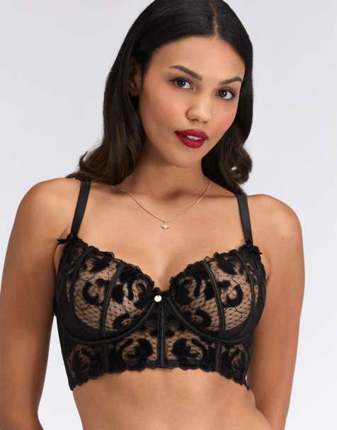 Boux Avenue Rosetta embroidered underwired longline bra lingerie in black