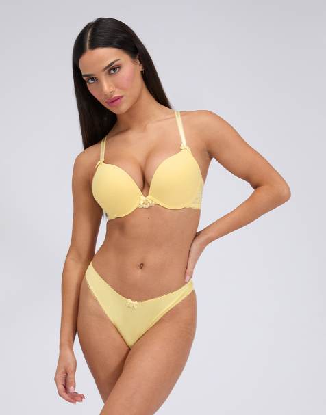 Boux Avenue Sabrina microfibre thongs g-string lace back comfy knickers in butter yellow - view 1