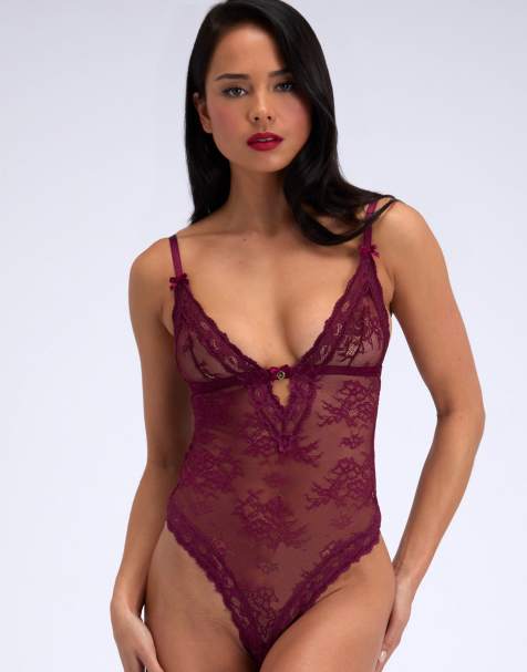 Boux Avenue Saskia floral lace bodysuit unpadded comfy soft lingerie in berry - view 1