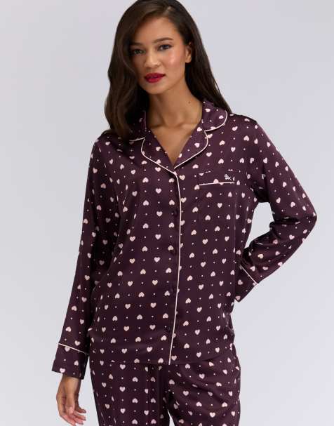 Boux Avenue Satin heart long sleeve top and pant pyjama set in blackberry - view 1