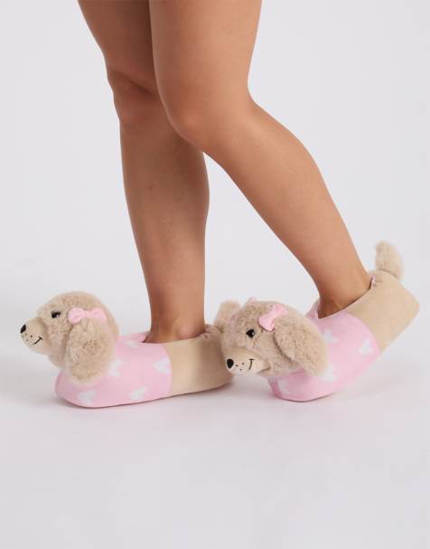 Boux Avenue Sausage dog plush novelty slippers super soft loungewear in oatmeal - view 1