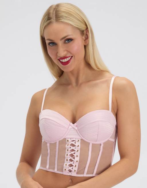 Boux Avenue Selene satin balconette basque underwired padded lingerie in light pink, 5 of 7