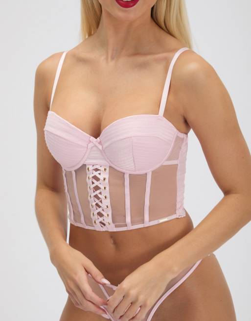 Boux Avenue Selene satin balconette basque underwired padded lingerie in light pink, 6 of 7