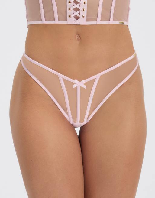 Boux Avenue Selene satin bumless briefs sheer mesh knickers lingerie in light pink, 4 of 5
