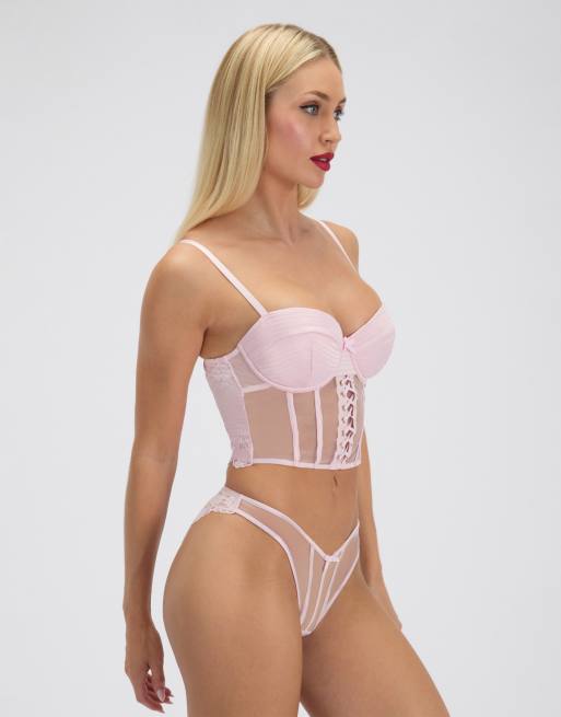 Boux Avenue Selene satin bumless briefs sheer mesh knickers lingerie in light pink, 5 of 5