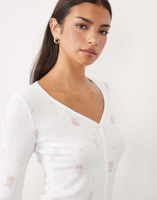 Boux Avenue Self Care button front romper in ivory bear print, 4 of 4