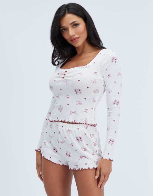 Boux Avenue Self-care pointelle short pyjama set top and shorts pj in ivory mix, 5 of 6