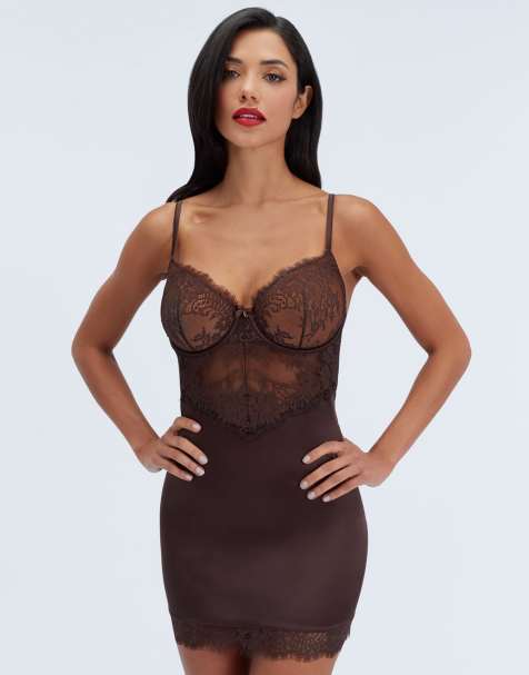Boux Avenue Seraphina lace & satin short chemise fitted sexy nightgown in chocolate - view 1