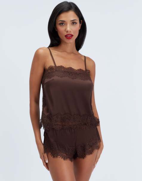 Boux Avenue Seraphina satin & lace short pyjama set top and shorts pj in chocolate - view 1