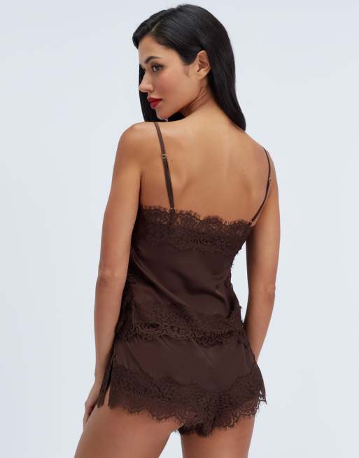 Boux Avenue Seraphina satin & lace short pyjama set top and shorts pj in chocolate, 2 of 4