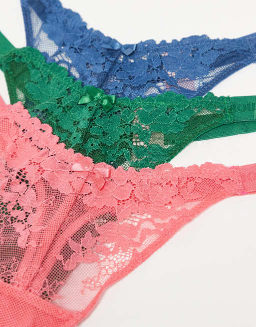 Boux Avenue - Set van 3 hoogopgesneden kanten strings in groen, blauw en koraal, 3 van 3