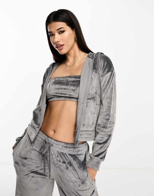 Boux Avenue slinky velour zip hoodie in silver 