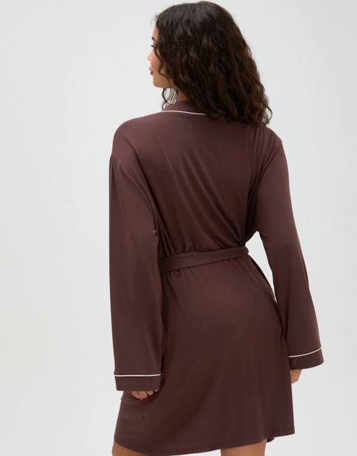 Boux Avenue Soft modal short dressing gown with contrast piping detail in brown mix, 2 of 4