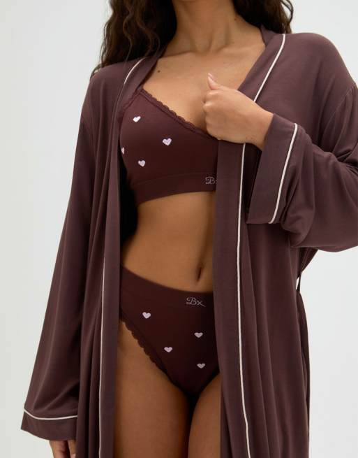Boux Avenue Soft modal short dressing gown with contrast piping detail in brown mix, 3 of 4