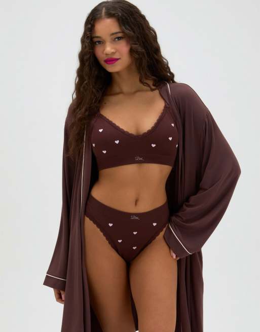 Boux Avenue Soft modal short dressing gown with contrast piping detail in brown mix, 4 of 4