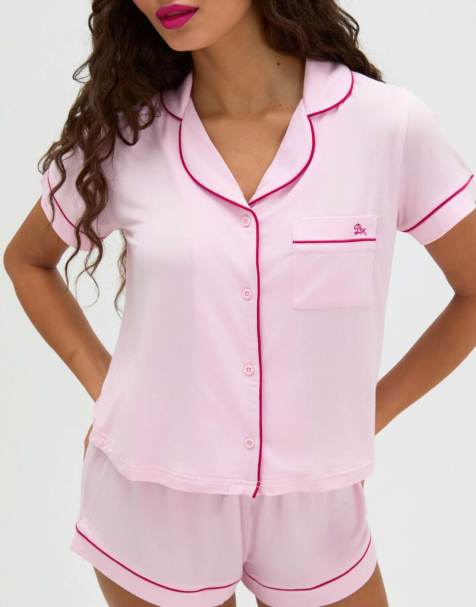 Boux Avenue Soft modal short pyjama set with contrast piping detail in pink burg mix - view 1