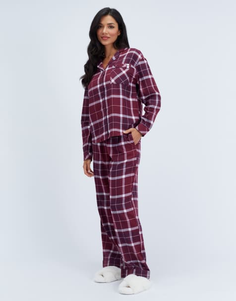 Boux Avenue Somerville checked long pyjama trousers woven nightwear pj in burgundy - view 1