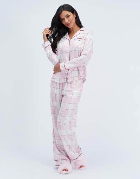 Boux Avenue Somerville checked long pyjama trousers woven nightwear pj in pink mix - view 1