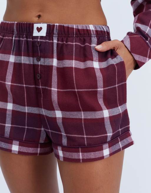 Boux Avenue Somerville checked pyjama shorts woven cosy nightwear pj in burgundy, 4 of 4