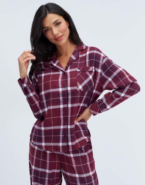 Boux Avenue Somerville checked pyjama top woven relaxed nightwear pj in burgundy - view 1