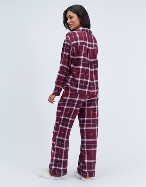 Boux Avenue Somerville checked pyjama top woven relaxed nightwear pj in burgundy, 2 of 5