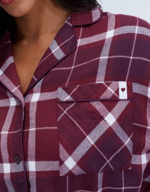 Boux Avenue Somerville checked pyjama top woven relaxed nightwear pj in burgundy, 3 of 5