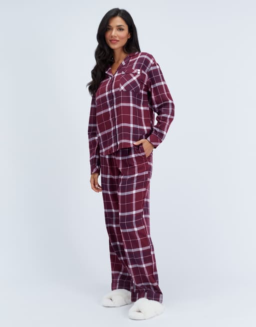 Boux Avenue Somerville checked pyjama top woven relaxed nightwear pj in burgundy, 4 of 5