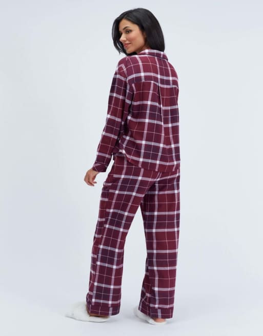 Boux Avenue Somerville checked pyjama top woven relaxed nightwear pj in burgundy, 5 of 5