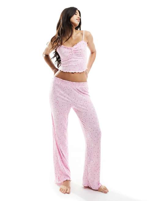 Boux Avenue star print rib cami and wide leg trouser nightwear set in pink