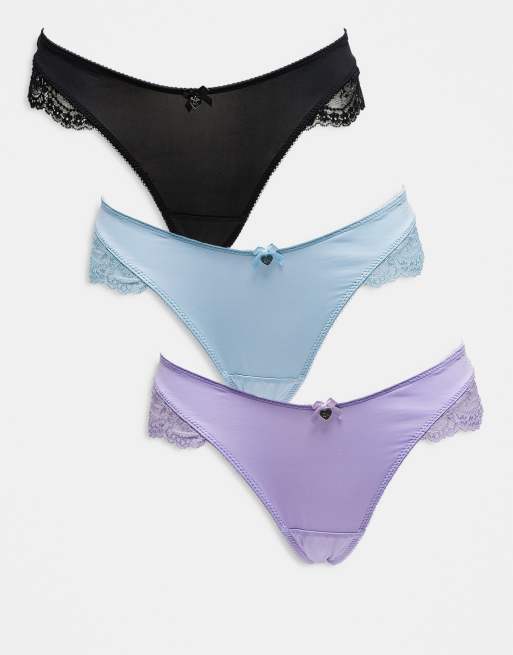 Boux Avenue - Stella - Lot de 3 strings échancrés en dentelle et satin - Multicolore