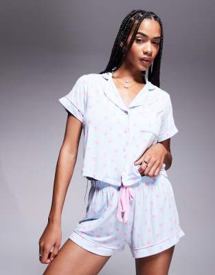 strawberry modal short sleeve camp collar shirt and shorts set in blue