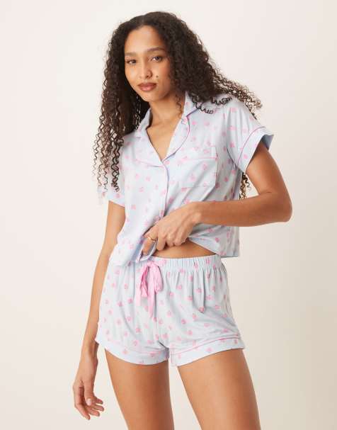 Boux Avenue strawberry modal short sleeve revere and shorts set in blue - view 1