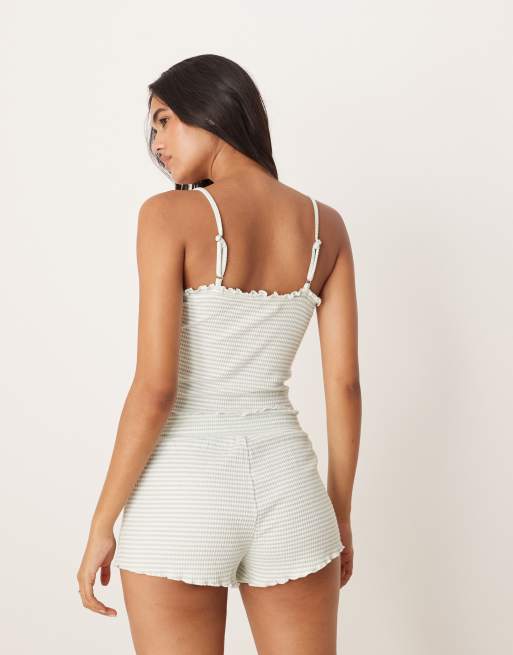Boux Avenue Stripe ribbed cami top and shorts pyjama set in green mix
