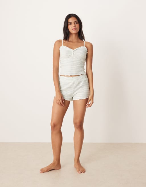 Boux Avenue Stripe ribbed cami top and shorts pyjama set in green mix