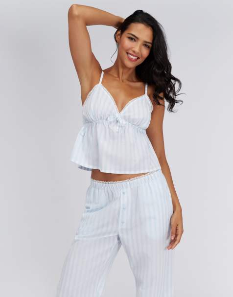 Boux Avenue Striped cotton long pyjama set cami top & trousers nightwear in blue mix - view 1