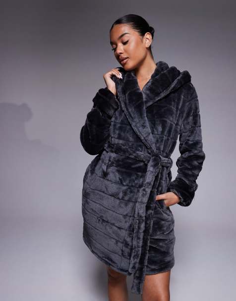 Boux Avenue striped cut short robe in charcoal black - view 1